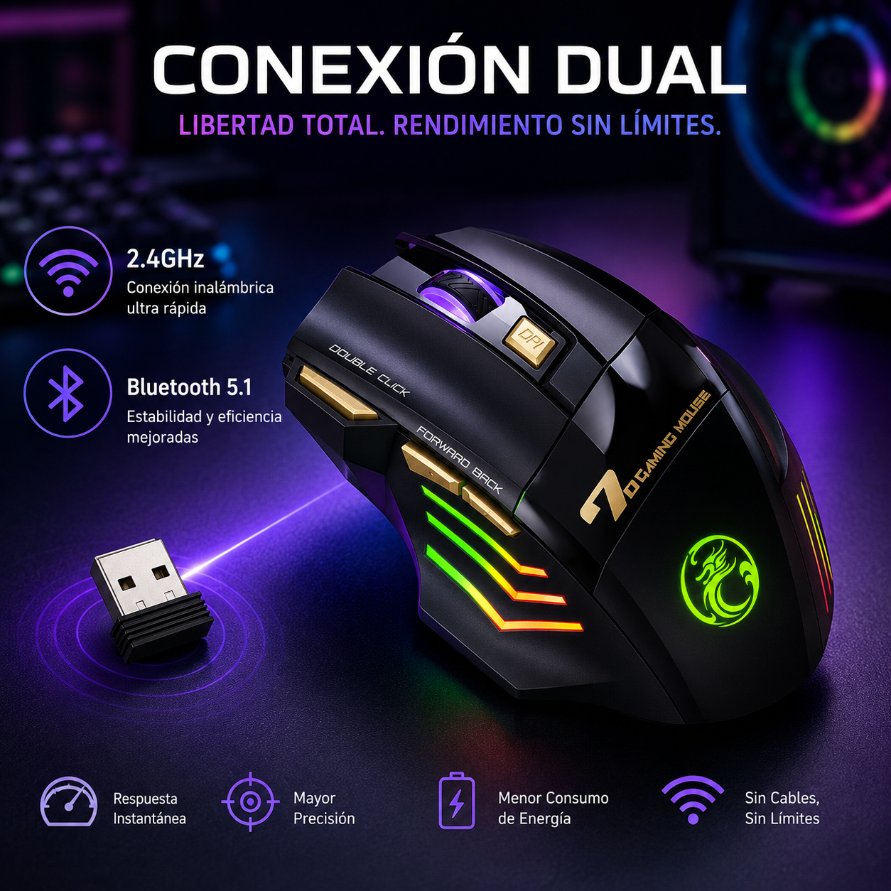Mouse Gamer Inalámbrico RGB Recargable GW-X7 – 3200 DPI USB Silent Click
