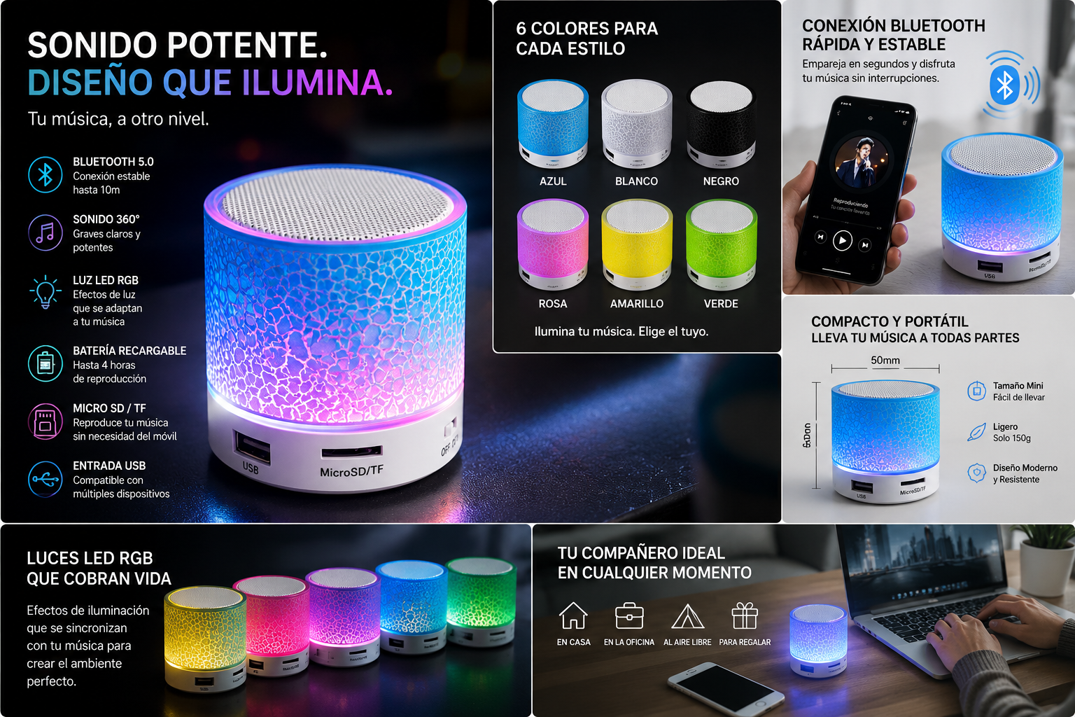 Mini Parlante Bluetooth RGB Portátil – Speaker Inalámbrico USB SD AUX