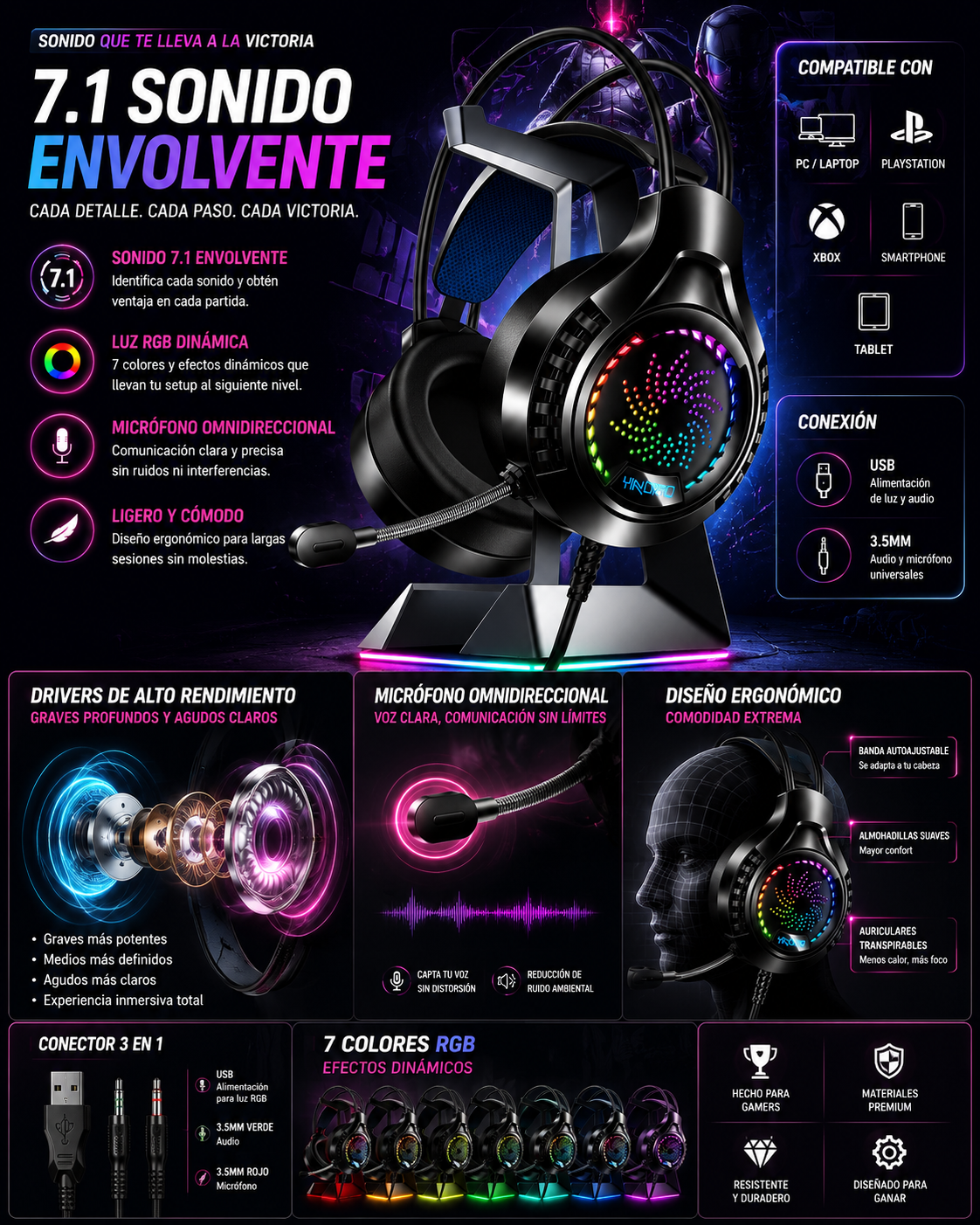 Auriculares Gamer RGB 7.1 Surround con Micrófono HD USB y Jack 3.5mm