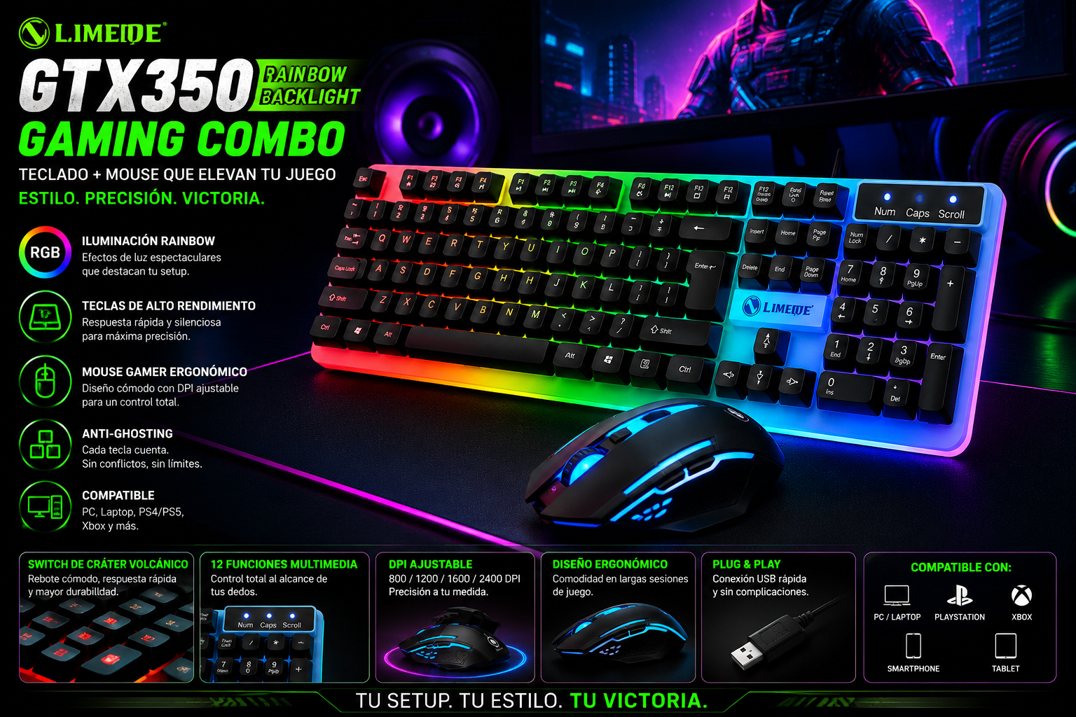 Combo Gamer GTX350 Teclado y Mouse RGB USB para PC y Notebook