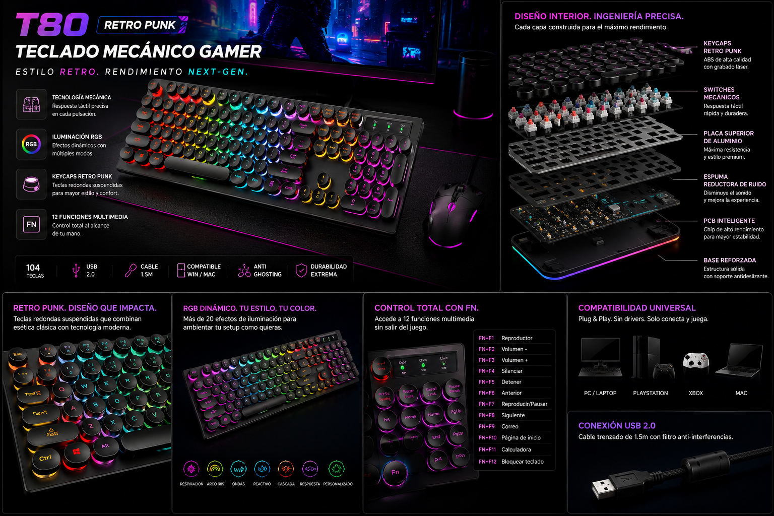 Teclado Mecánico Gamer RGB Retro 104 Teclas – USB Gaming Keyboard LED