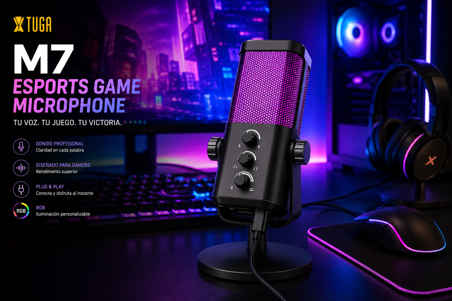 Micrófono Gamer RGB Profesional USB para Streaming, Podcast y PC