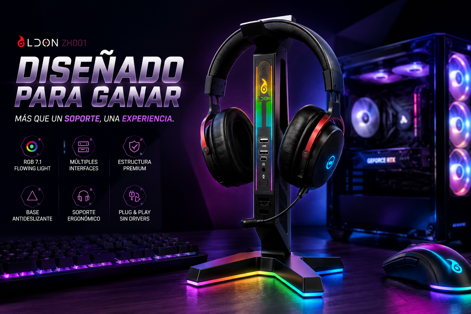 Soporte Gamer RGB para Auriculares con USB y Luces LED