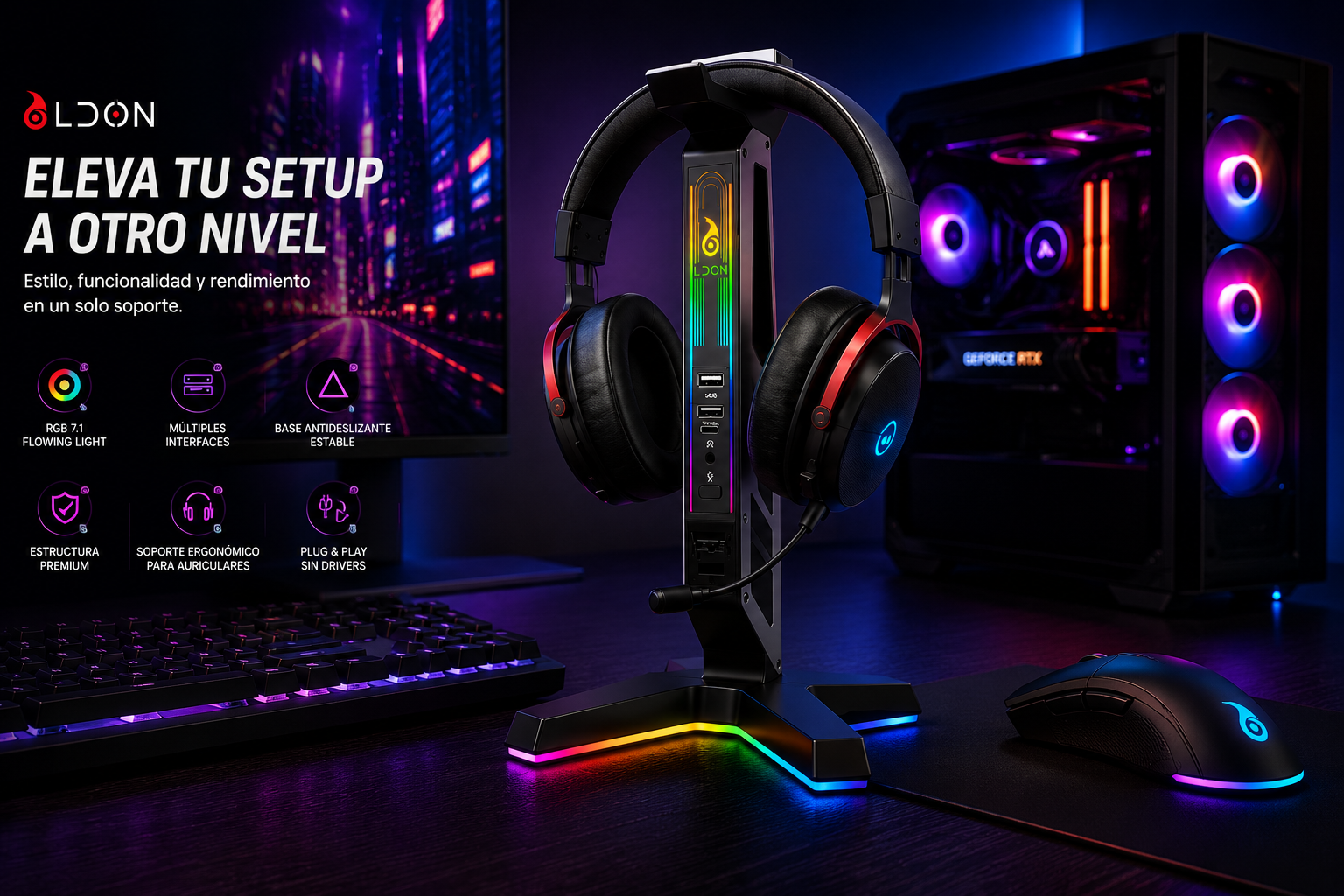 Soporte Gamer RGB para Auriculares con USB y Luces LED