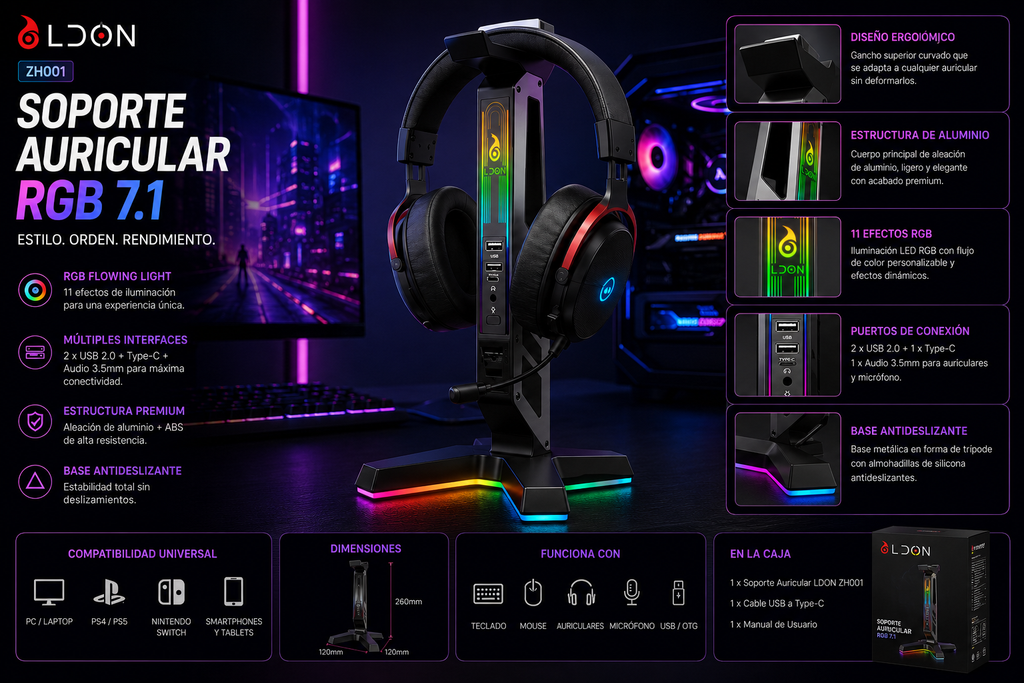 Soporte Gamer RGB para Auriculares con USB y Luces LED