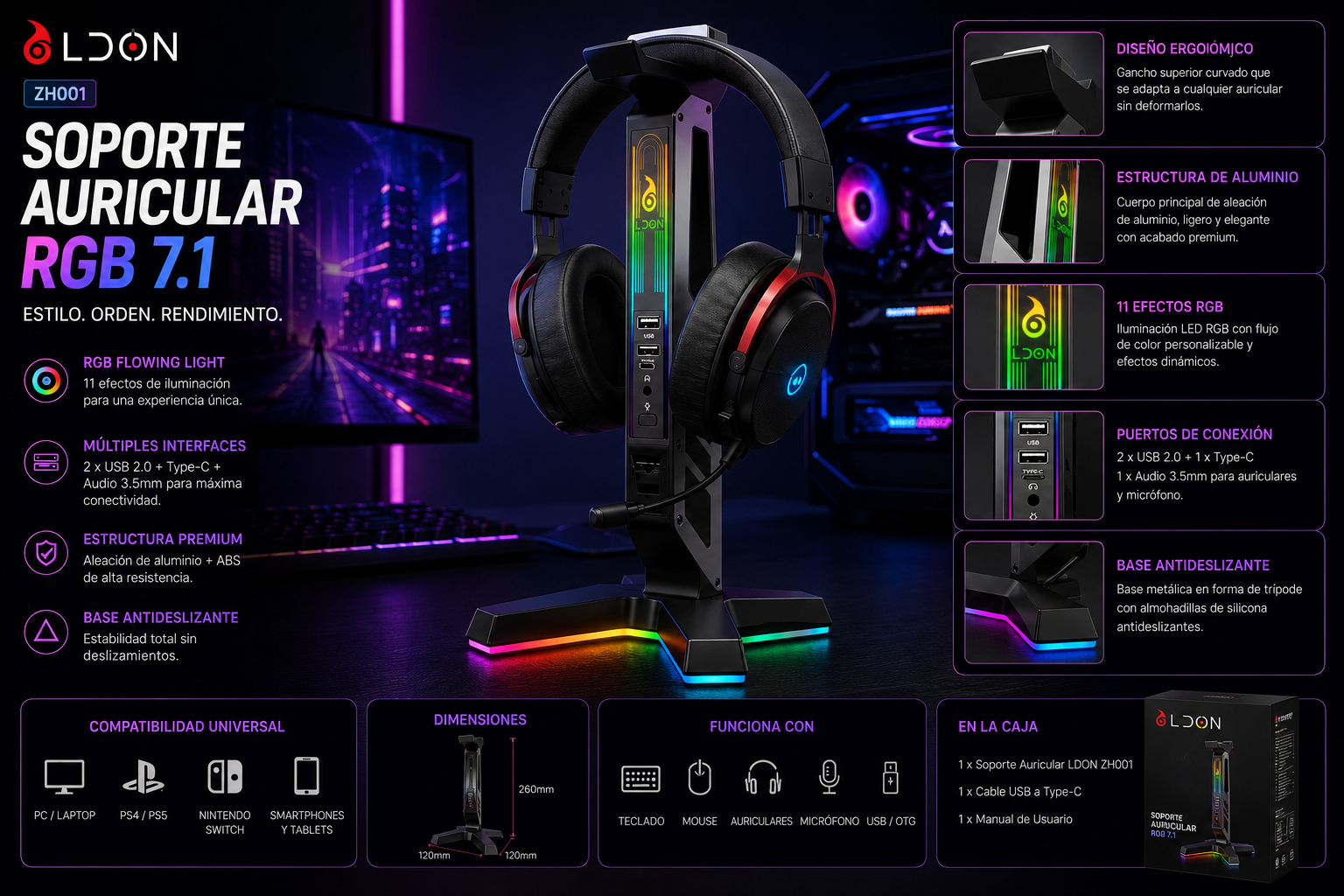 Soporte Gamer RGB para Auriculares con USB y Luces LED