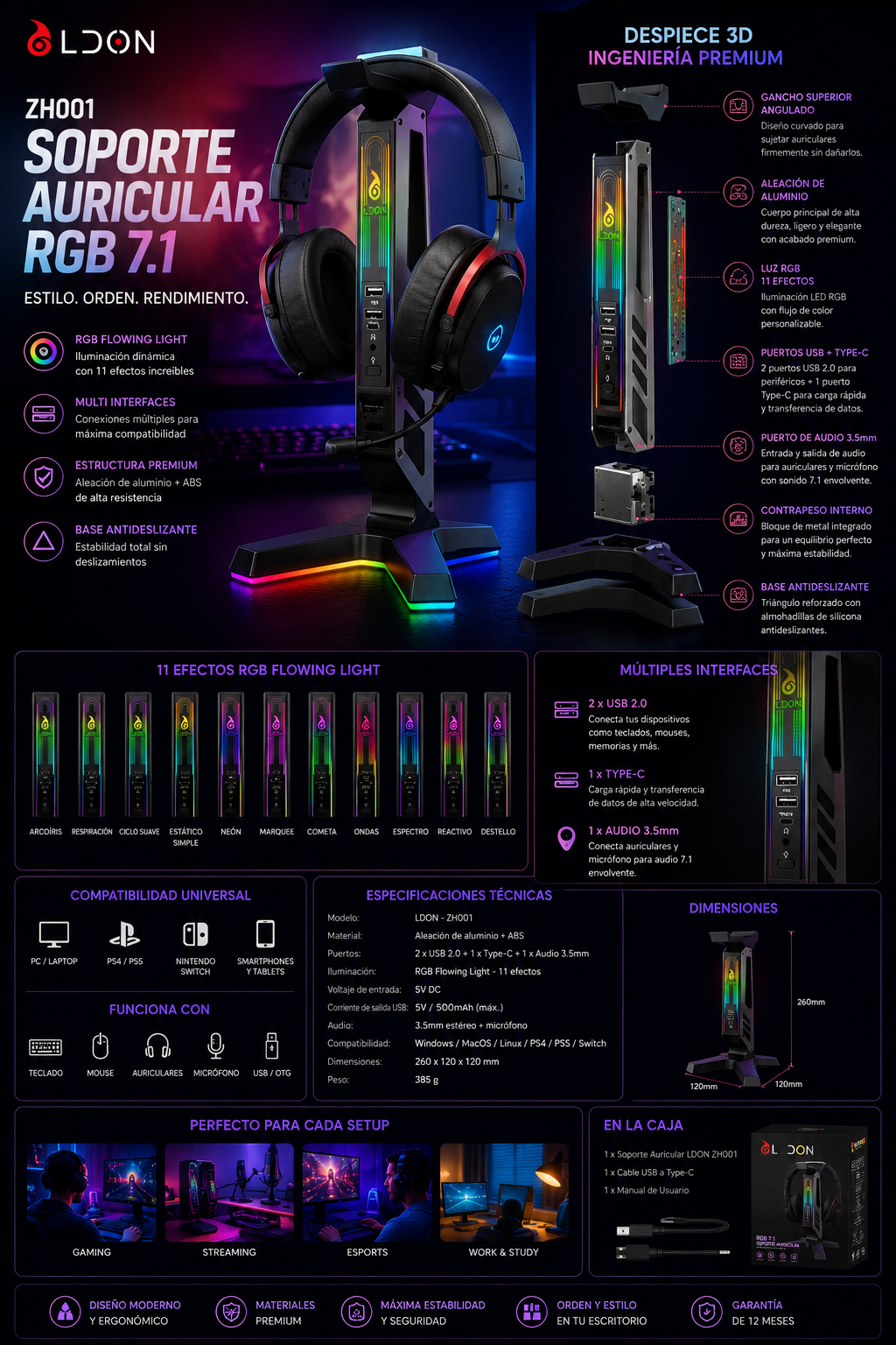 Soporte Gamer RGB para Auriculares con USB y Luces LED