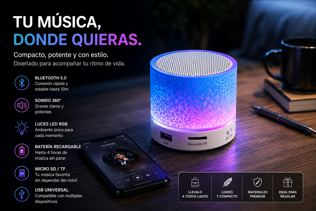 Mini Parlante Bluetooth RGB Portátil – Speaker Inalámbrico USB SD AUX
