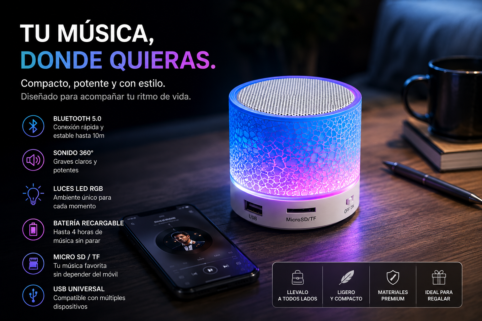Mini Parlante Bluetooth RGB Portátil – Speaker Inalámbrico USB SD AUX