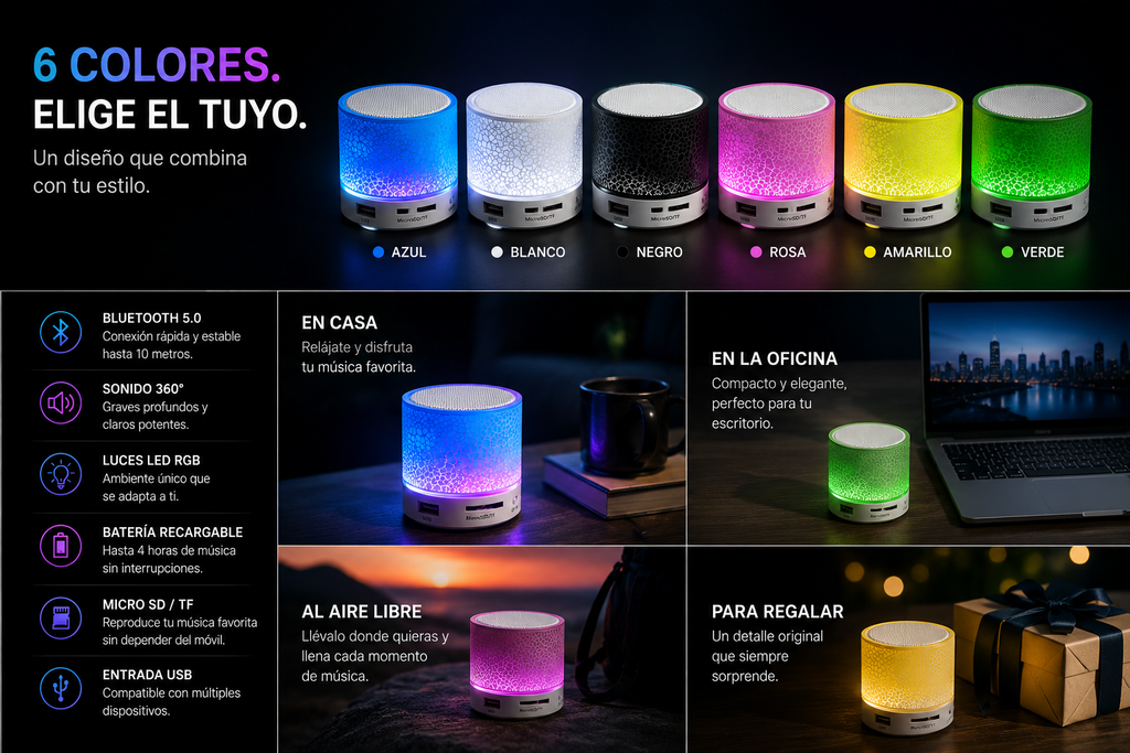 Mini Parlante Bluetooth RGB Portátil – Speaker Inalámbrico USB SD AUX