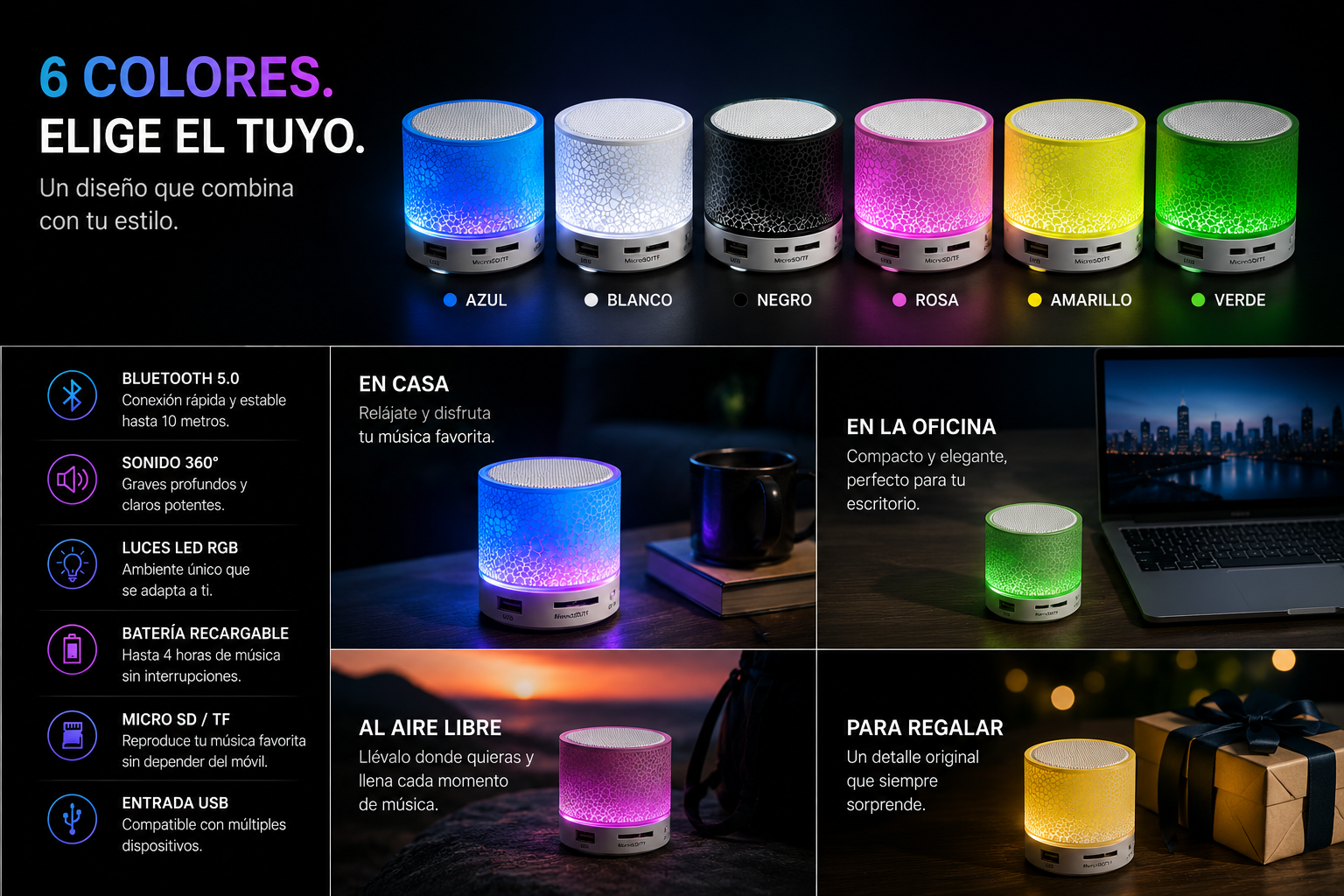 Mini Parlante Bluetooth RGB Portátil – Speaker Inalámbrico USB SD AUX