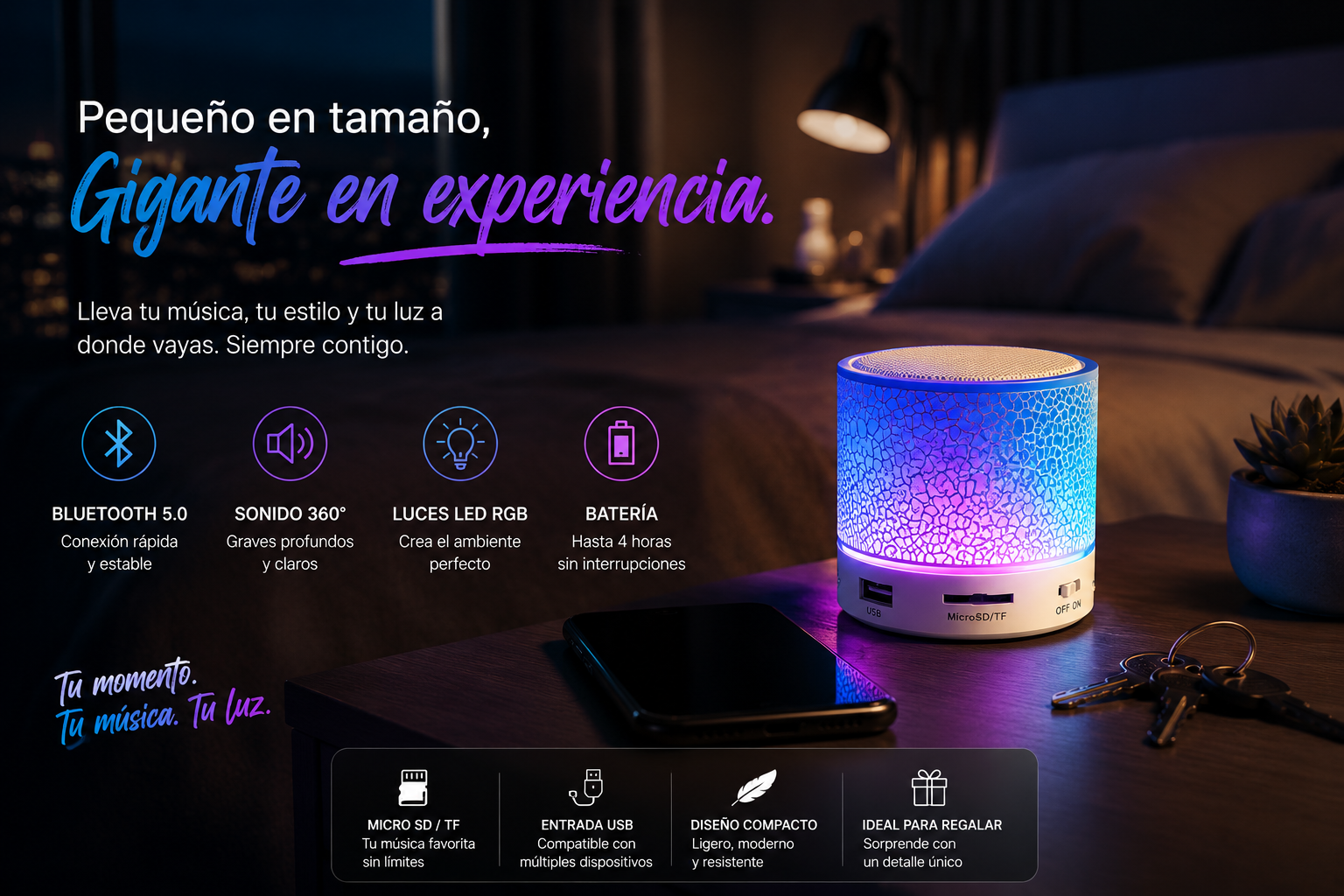 Mini Parlante Bluetooth RGB Portátil – Speaker Inalámbrico USB SD AUX