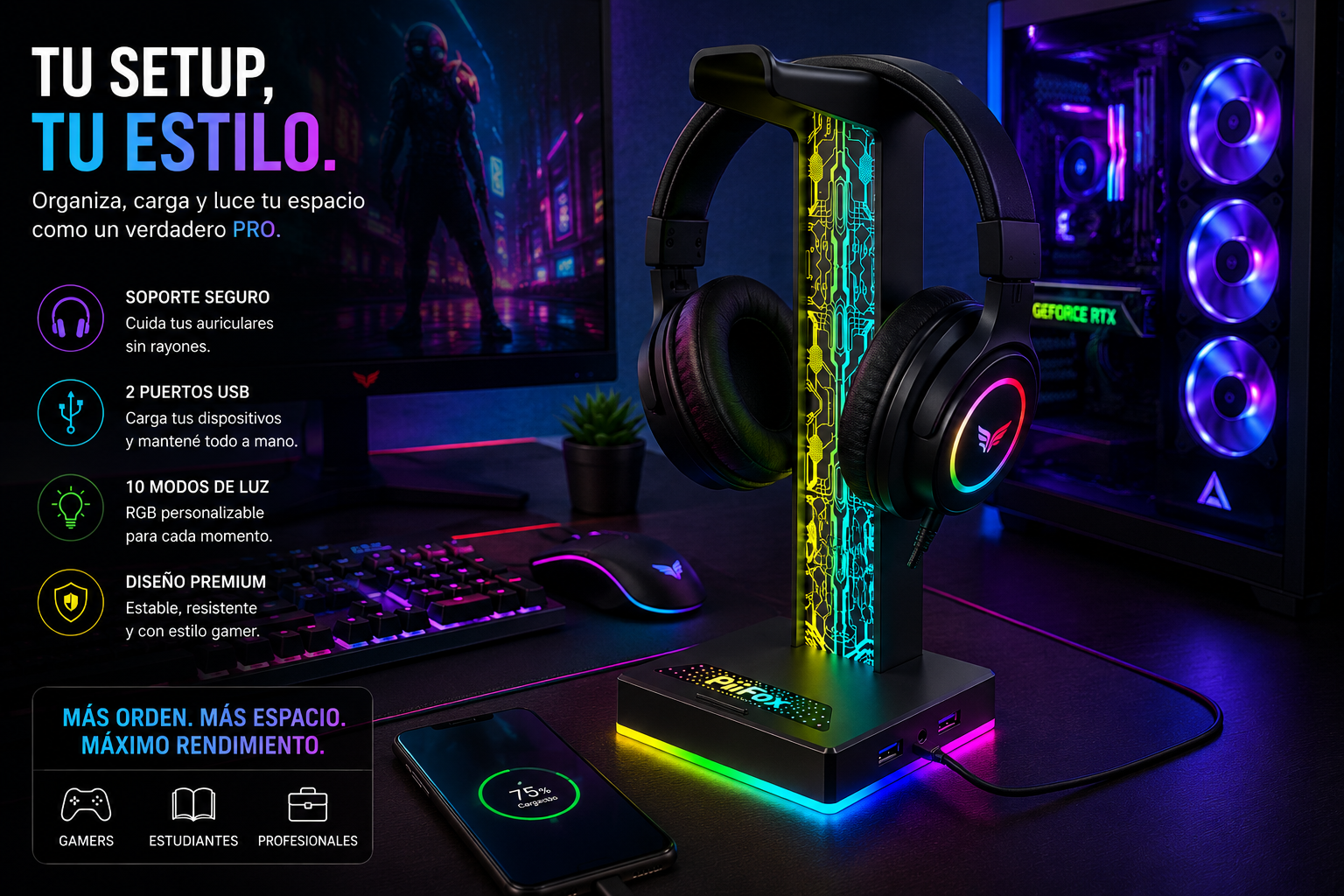 Soporte Gamer RGB para Auriculares – Base LED con USB y Audio 3.5mm