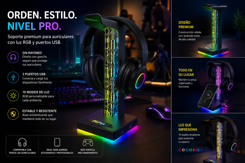 RGB Gaming Headset Stand - LED Base with USB and 3.5mm Audio