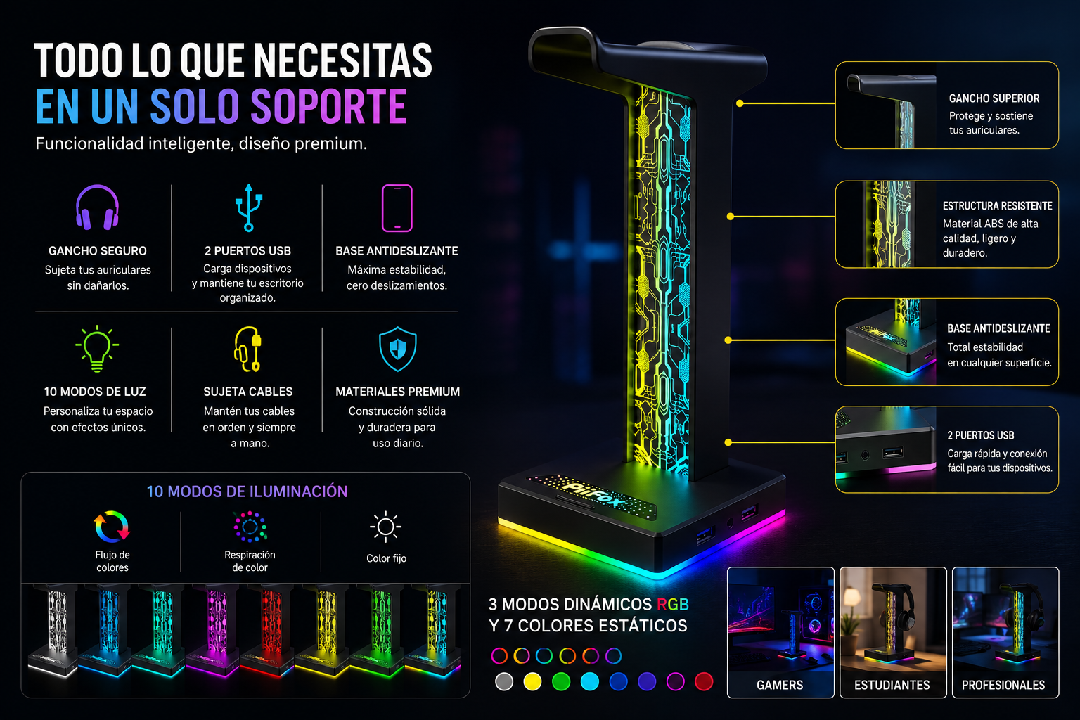 Soporte Gamer RGB para Auriculares – Base LED con USB y Audio 3.5mm