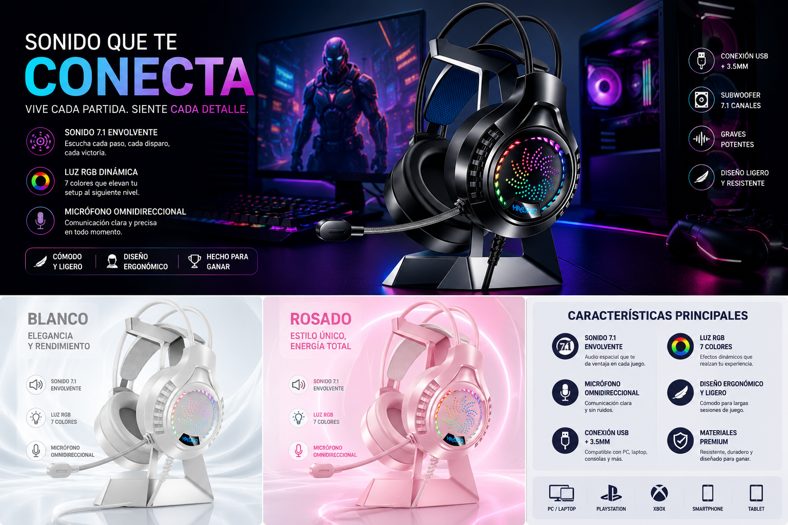 Auriculares Gamer RGB 7.1 Surround con Micrófono HD USB y Jack 3.5mm