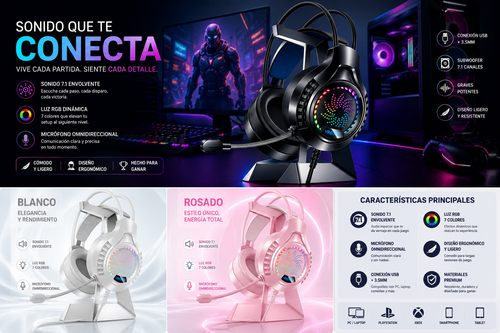 Auriculares Gamer RGB 7.1 Surround con Micrófono HD USB y Jack 3.5mm