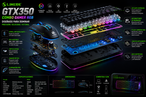 Combo Gamer GTX350 Teclado y Mouse RGB USB para PC y Notebook