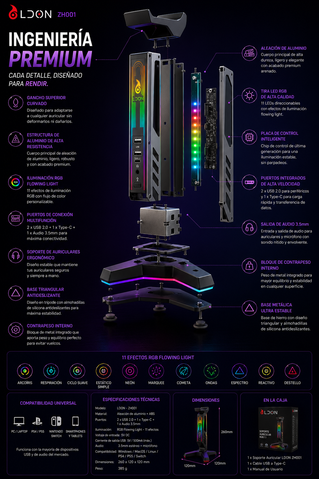 Soporte Gamer RGB para Auriculares con USB y Luces LED