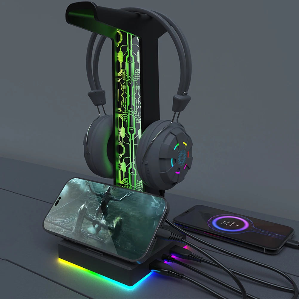 RGB Gaming Headset Stand - LED Base with USB and 3.5mm Audio